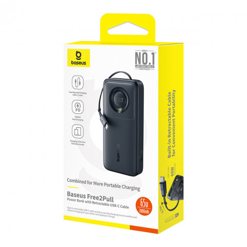 
„Free2Pull“ 20000 mAh išorinė baterija su ištraukiamu USB-C laidu, 65 W – juoda
