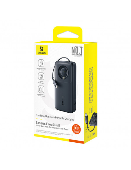 
„Free2Pull“ 20000 mAh išorinė baterija su ištraukiamu USB-C laidu, 65 W – juoda
