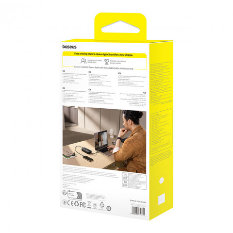 
„Free2Pull“ 20000 mAh išorinė baterija su ištraukiamu USB-C laidu, 65 W – juoda
