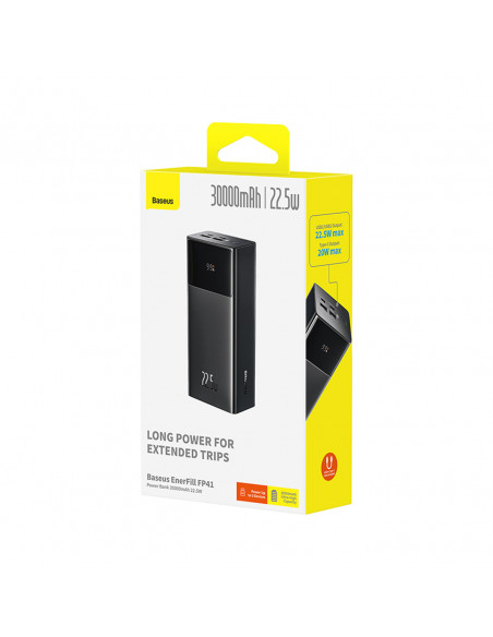 
Nešiojamoji baterija 30000mAh 22.5W su USB-A - USB-C 3A 30cm laidu - juoda
