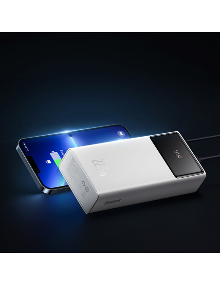 
Nešiojamoji baterija 30000mAh 22.5W su USB-A - USB-C 3A laidu 30cm - balta
