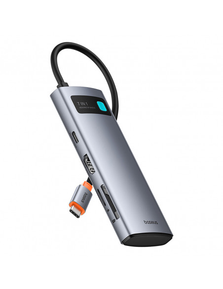 
7in1 šakotuvo adapteris Metal Gleam USB-C HDMI USB-A USB-C PD SD microSD - pilkas
