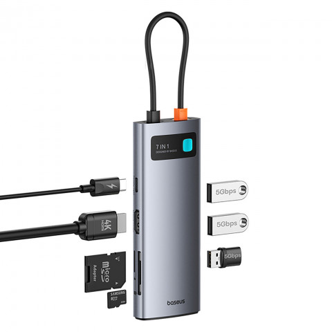 
7in1 šakotuvo adapteris Metal Gleam USB-C HDMI USB-A USB-C PD SD microSD - pilkas
