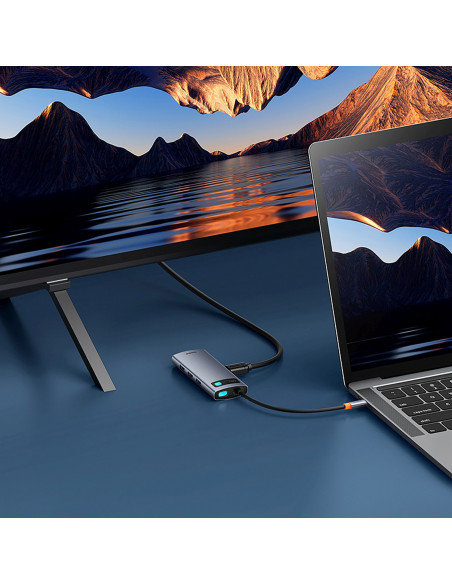 
7in1 šakotuvo adapteris Metal Gleam USB-C HDMI USB-A USB-C PD SD microSD - pilkas
