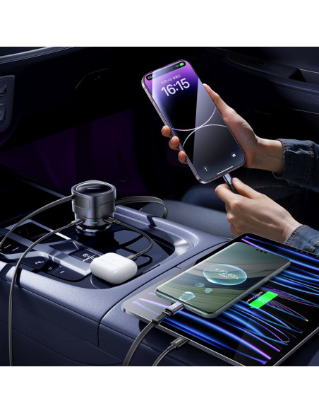 
USB-C automobilinis įkroviklis su USB-C iPhone Lightning laidu, 90 W – juodas
