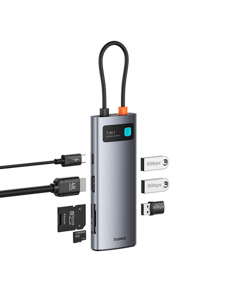 
7in1 šakotuvo adapteris Metal Gleam USB-C HDMI USB-A USB-C PD SD microSD - pilkas
