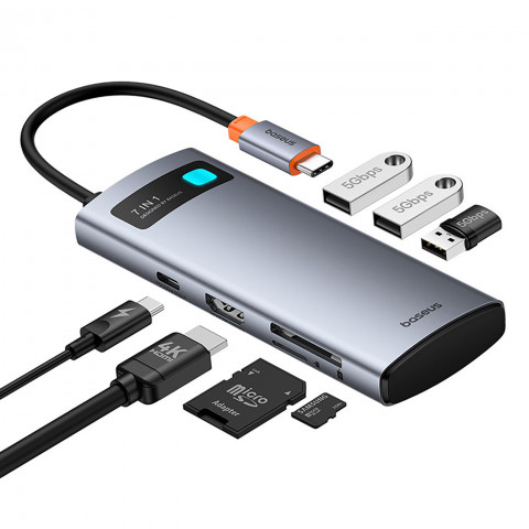
7in1 šakotuvo adapteris Metal Gleam USB-C HDMI USB-A USB-C PD SD microSD - pilkas
