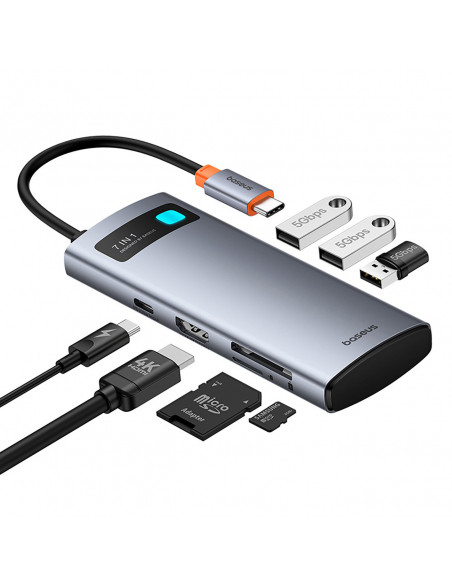 
7in1 šakotuvo adapteris Metal Gleam USB-C HDMI USB-A USB-C PD SD microSD - pilkas
