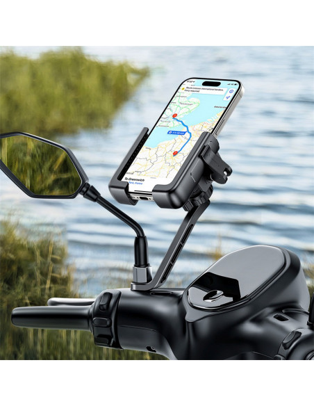 
Motociklo telefono laikiklis su smūgius sugeriančiu laikikliu veidrodėliui - juodas
