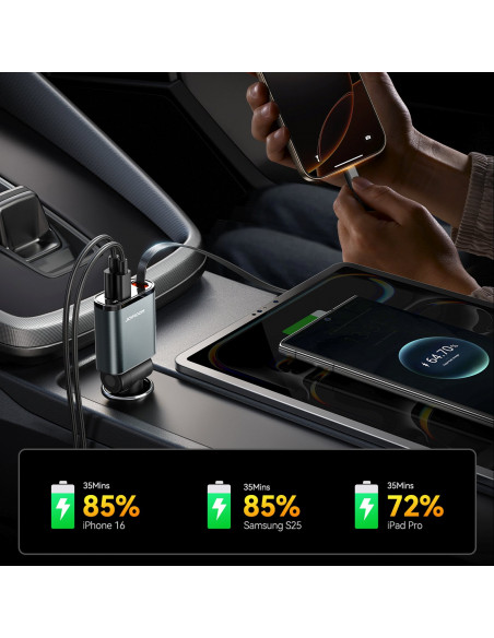 
3 viename automobilinis įkroviklis su ištraukiamu USB-A ir USB-C laidu – tamsiai pilkas
