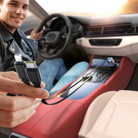 
4 viename automobilinis įkroviklis su ištraukiamais laidais USB-A USB-C 30W - tamsiai pilkas
