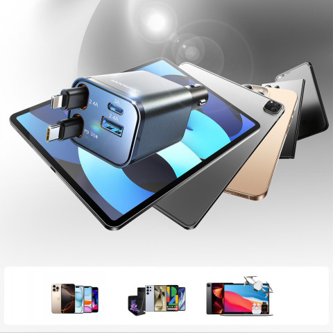 
4 viename automobilinis įkroviklis su ištraukiamais laidais USB-A USB-C 30W - tamsiai pilkas
