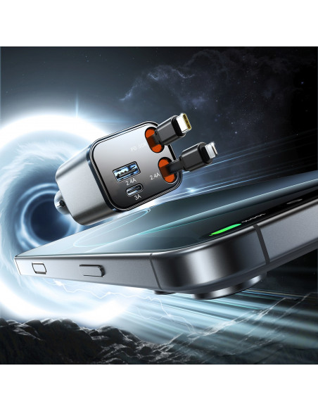 
4 viename automobilinis įkroviklis su ištraukiamais laidais USB-A USB-C 30W - tamsiai pilkas
