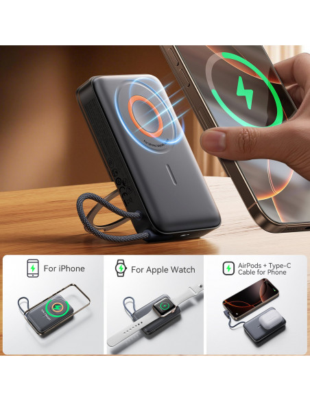 
3 viename indukcinis išorinis akumuliatorius 10000mAh 22.5W su integruotu „MagSafe“ laidu – juodas
