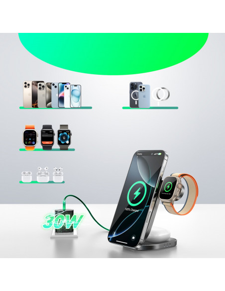 
3 viename belaidis indukcinis įkroviklis telefonui, laikrodžiui, ausinėms, Qi 15W - juodas
