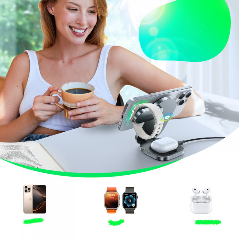 
3 viename belaidis indukcinis įkroviklis telefonui, laikrodžiui, ausinėms, Qi 15W - juodas
