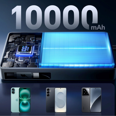 
10000mAh 22,5W išorinė baterija su ištraukiamu USB-C laidu - juoda
