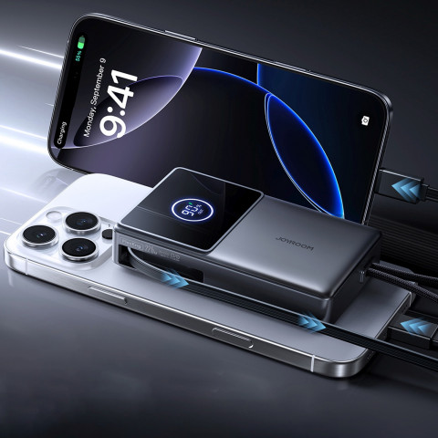 
10000mAh 22,5W išorinė baterija su ištraukiamu USB-C laidu - juoda
