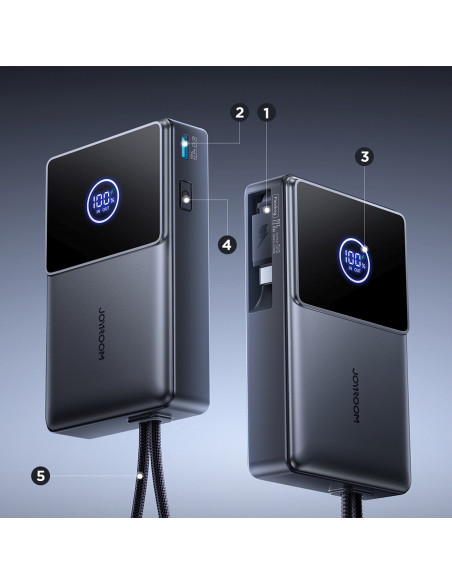 
10000mAh 22,5W išorinė baterija su ištraukiamu USB-C laidu - juoda
