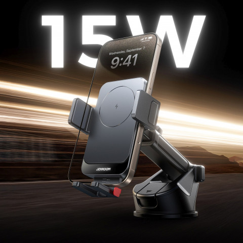 
Automobilinis telefono laikiklis su indukciniu įkrovikliu, skirtas prietaisų skydeliui - juodas
