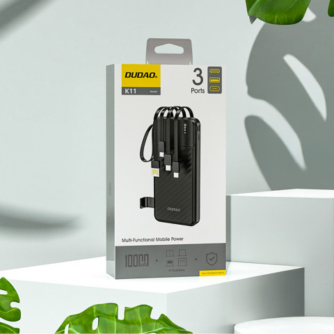 
K11 10000mAh išorinė baterija su įmontuotais laidais – juoda
