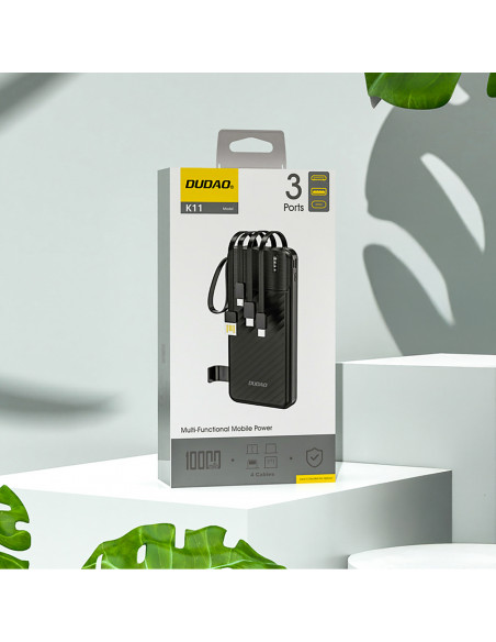 
K11 10000mAh išorinė baterija su įmontuotais laidais – juoda
