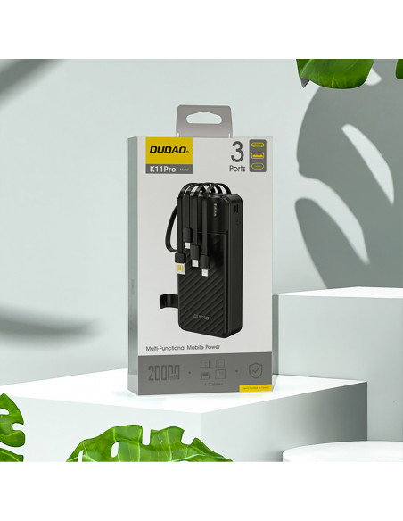 
K11 Pro 20000mAh išorinė baterija su integruotais laidais – juoda
