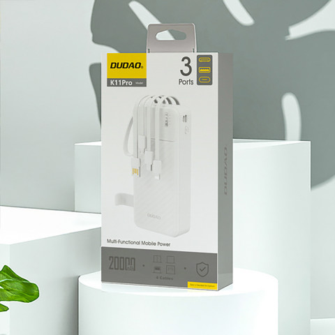 
K11 Pro 20000mAh išorinė baterija su integruotais laidais – balta
