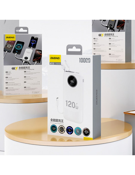 
K13 10000mAh išorinė baterija su integruotu laidu – balta
