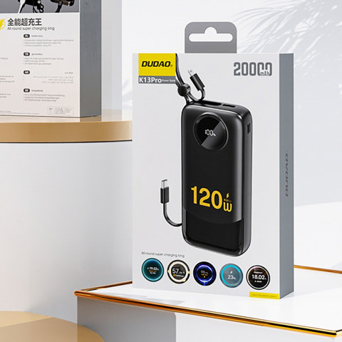 
K13 10000mAh išorinė baterija su integruotu laidu – juoda
