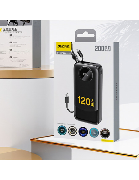 
K13 10000mAh išorinė baterija su integruotu laidu – juoda
