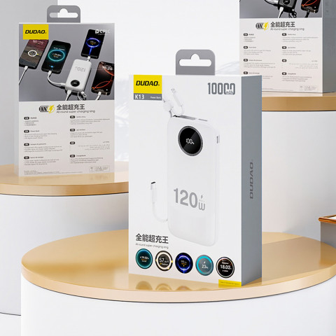 
K13 Pro 20000mAh išorinė baterija su integruotu laidu – balta
