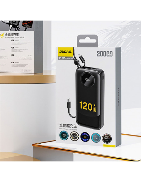 
K13 Pro 20000mAh išorinė baterija su integruotu laidu – juoda
