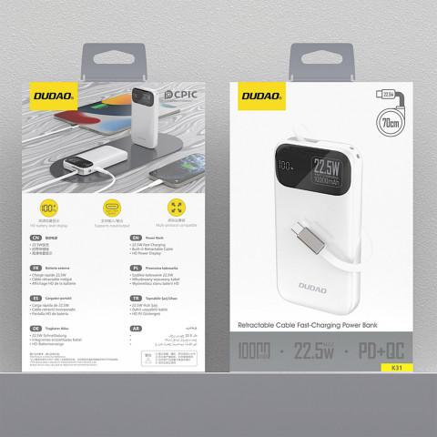 
K31 10000 mAh 22,5 W PD išorinė baterija su integruotu laidu – balta
