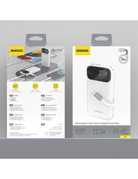 
K31 10000 mAh 22,5 W PD išorinė baterija su integruotu laidu – balta
