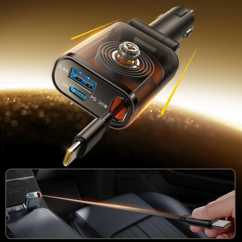 
3 viename automobilinis įkroviklis su ištraukiamu USB-A ir USB-C laidu – tamsiai pilkas
