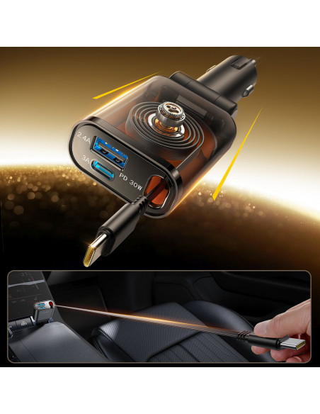 
3 viename automobilinis įkroviklis su ištraukiamu USB-A ir USB-C laidu – tamsiai pilkas
