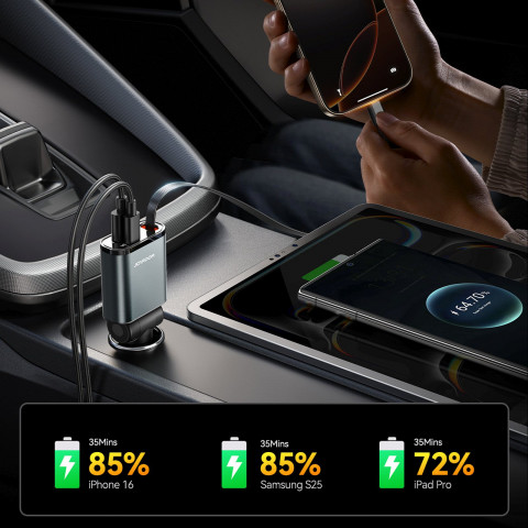 
3 viename automobilinis įkroviklis su ištraukiamu USB-A ir USB-C laidu – tamsiai pilkas
