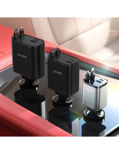 
4 viename automobilinis įkroviklis su ištraukiamais laidais USB-A USB-C 30W - tamsiai pilkas
