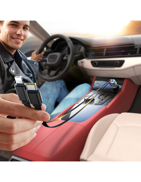 
4 viename automobilinis įkroviklis su ištraukiamais laidais USB-A USB-C 30W - tamsiai pilkas
