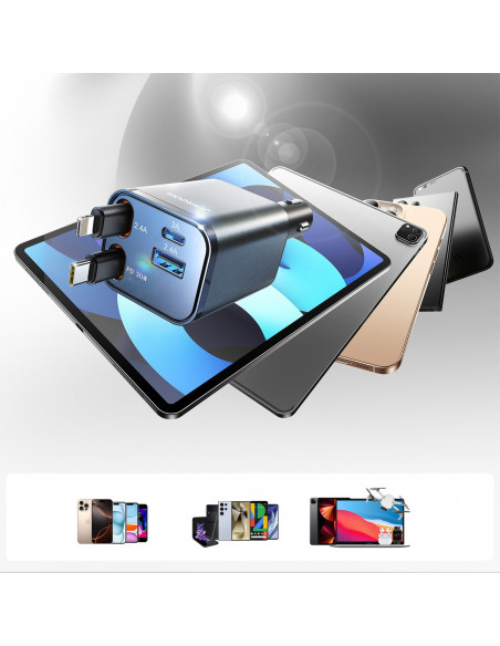 
4 viename automobilinis įkroviklis su ištraukiamais laidais USB-A USB-C 30W - tamsiai pilkas
