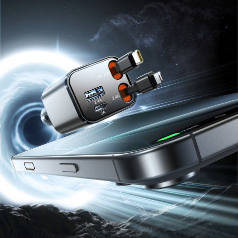 
4 viename automobilinis įkroviklis su ištraukiamais laidais USB-A USB-C 30W - tamsiai pilkas
