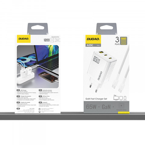 
GaN sieninis įkroviklis su USB-C laidu 1 m 65 W - baltas
