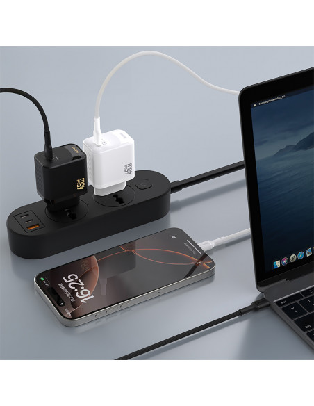 
GaN sieninis įkroviklis su USB-C laidu, 45 W – baltas
