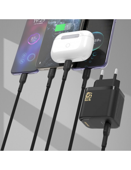 
GaN sieninis įkroviklis su USB-C laidu, 45 W – juodas
