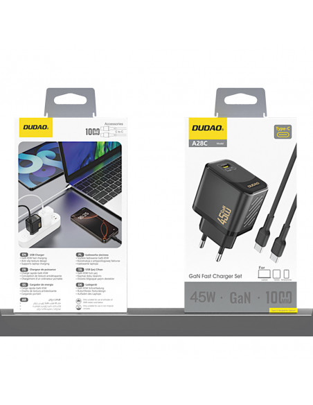 
GaN sieninis įkroviklis su USB-C laidu, 45 W – juodas
