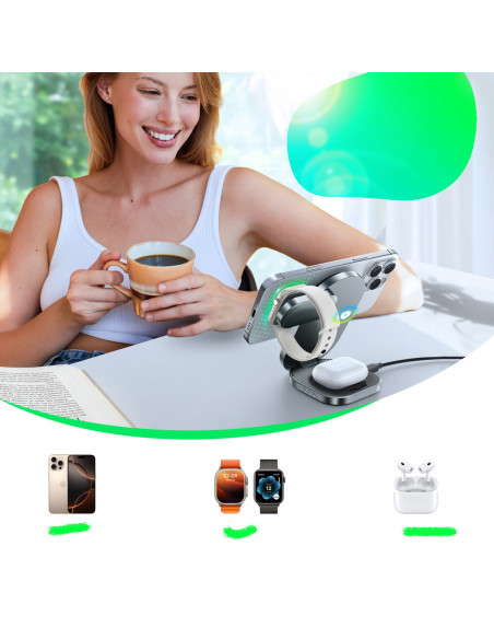 
3 viename belaidis indukcinis įkroviklis telefonui, laikrodžiui, ausinėms, Qi 15W - juodas
