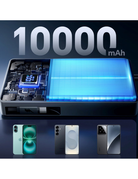 
10000mAh 22,5W išorinė baterija su ištraukiamu USB-C laidu - juoda
