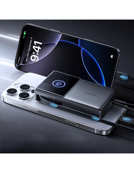 
10000mAh 22,5W išorinė baterija su ištraukiamu USB-C laidu - juoda
