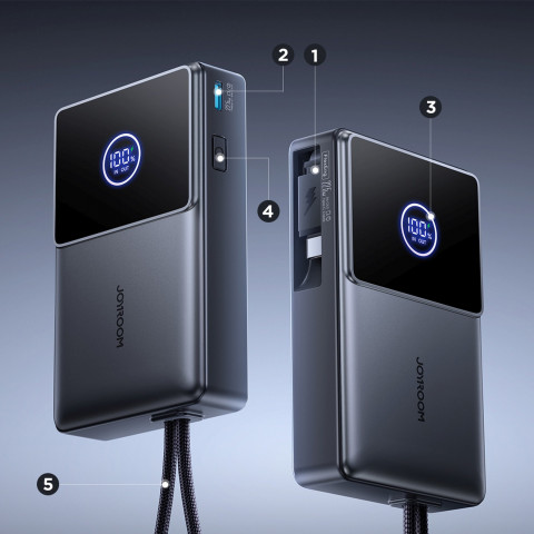 
10000mAh 22,5W išorinė baterija su ištraukiamu USB-C laidu - juoda
